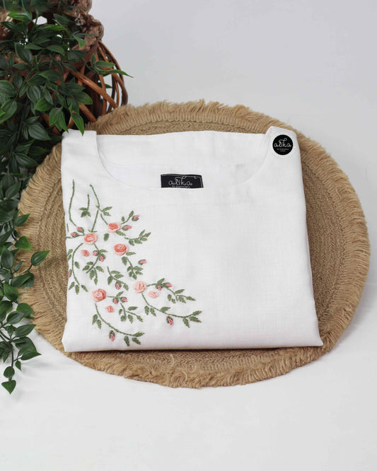 White Semi-Linen Stitched Kurti with Floral Hand Embroidery on Neckline & Top of the Sleeves