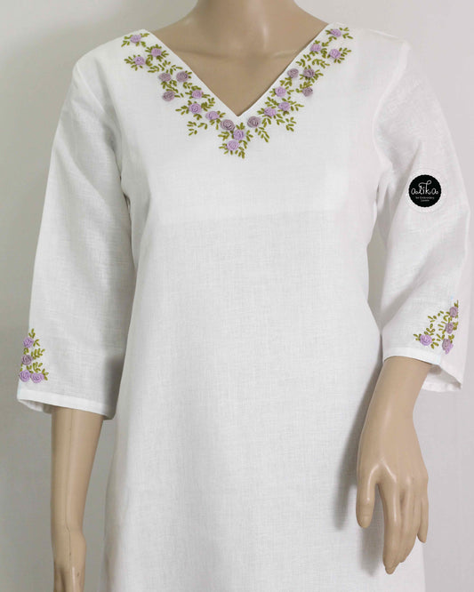 White Semi-Linen Embroidered Kurti for Women | Floral Handwork