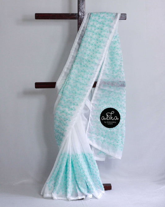 White Kota Saree with Blue Self-Shade Machine Embroidery – Alika Fashion Store