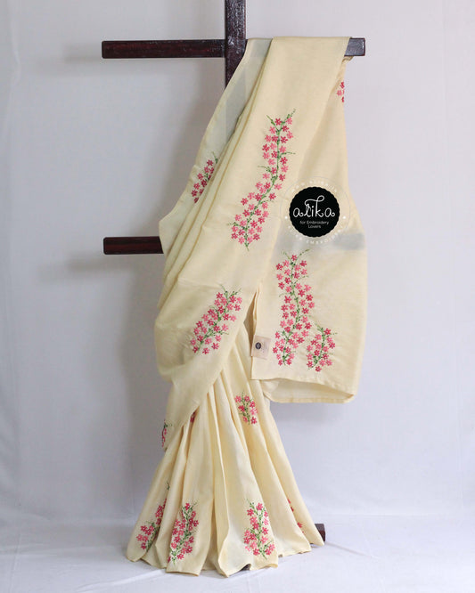 Cream Semi Raw Silk Saree with Lacy Daisy Embroidery & Bead Work – Alika Fashion Store
