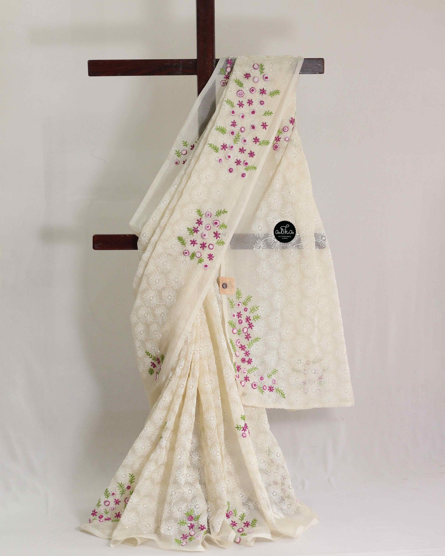 Cream Phulkari Saree with Floral Hand Embroidery and Bead Work