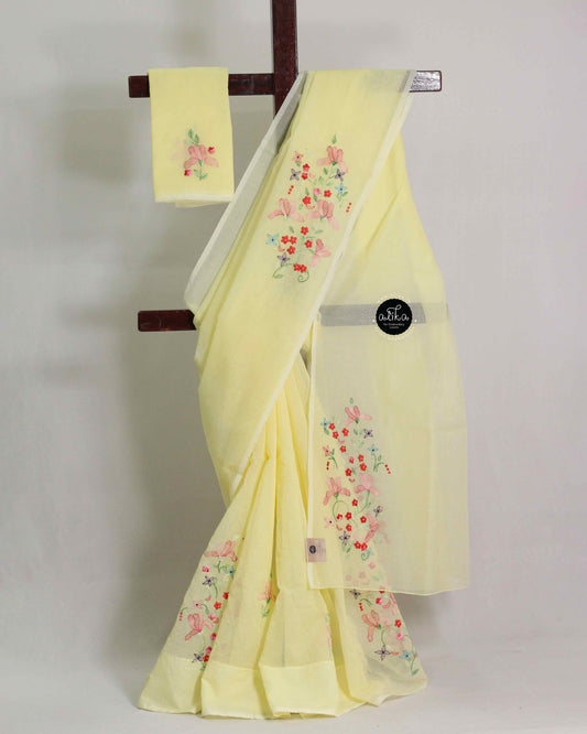 Pastel Yellow Kota Saree with Shadow Embroidery
