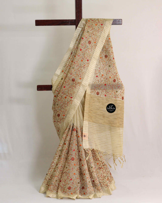 Golden Semi Tissue Saree with Floral Machine Embroidery