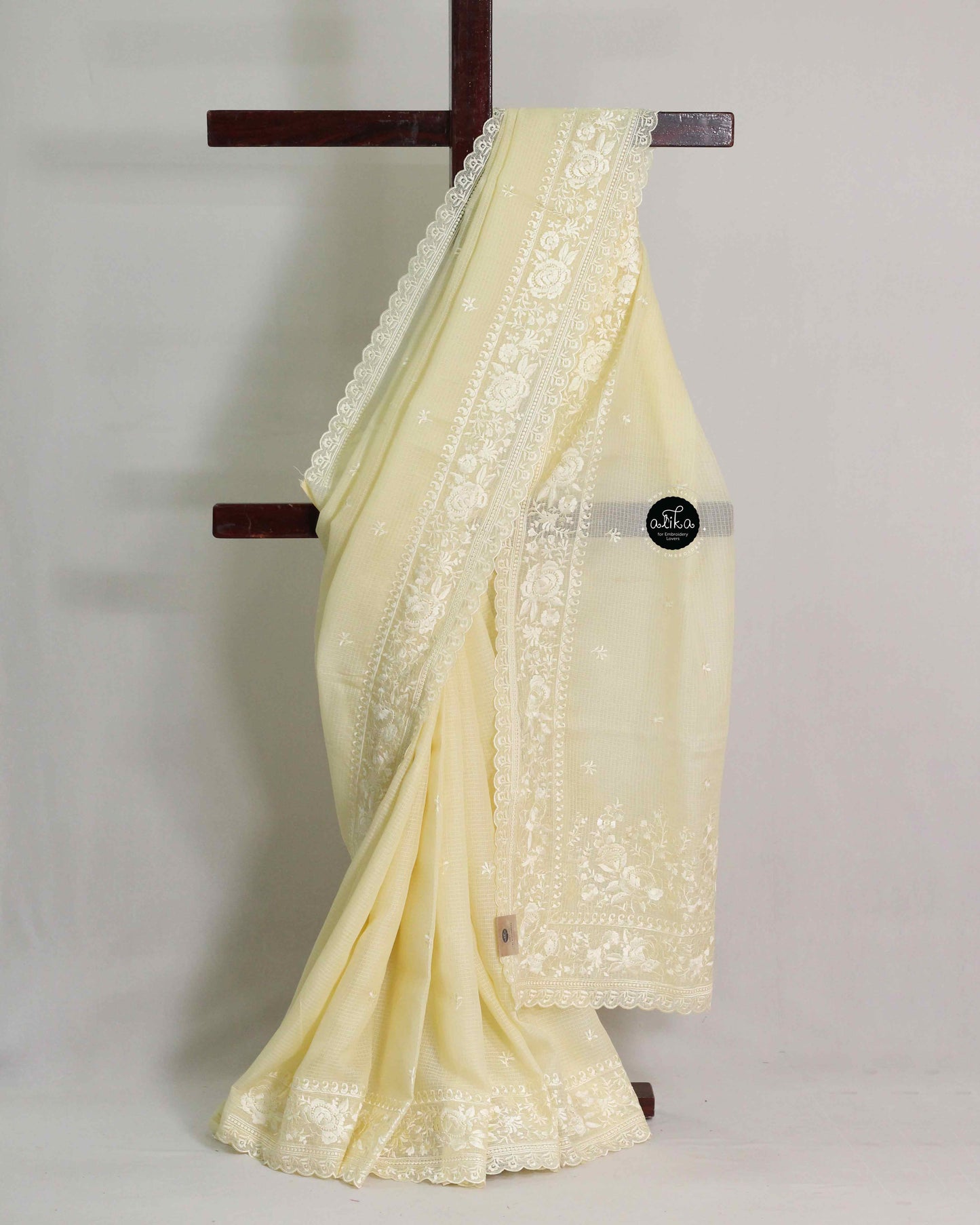 Pastel Yellow Kota Saree with Floral Machine Embroidery