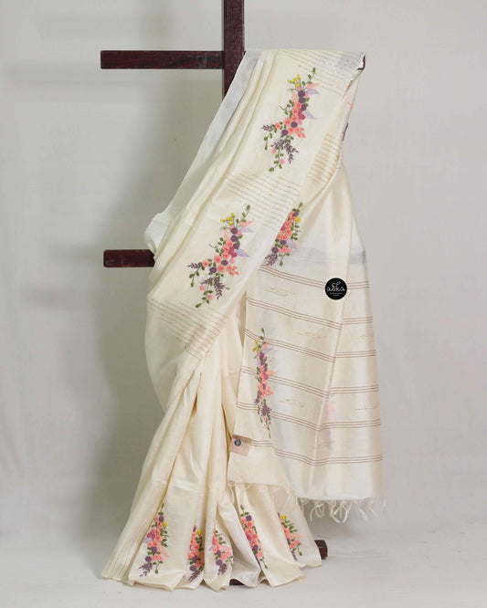 Off white tussar silk saree with floral hand embroidery and sequin work