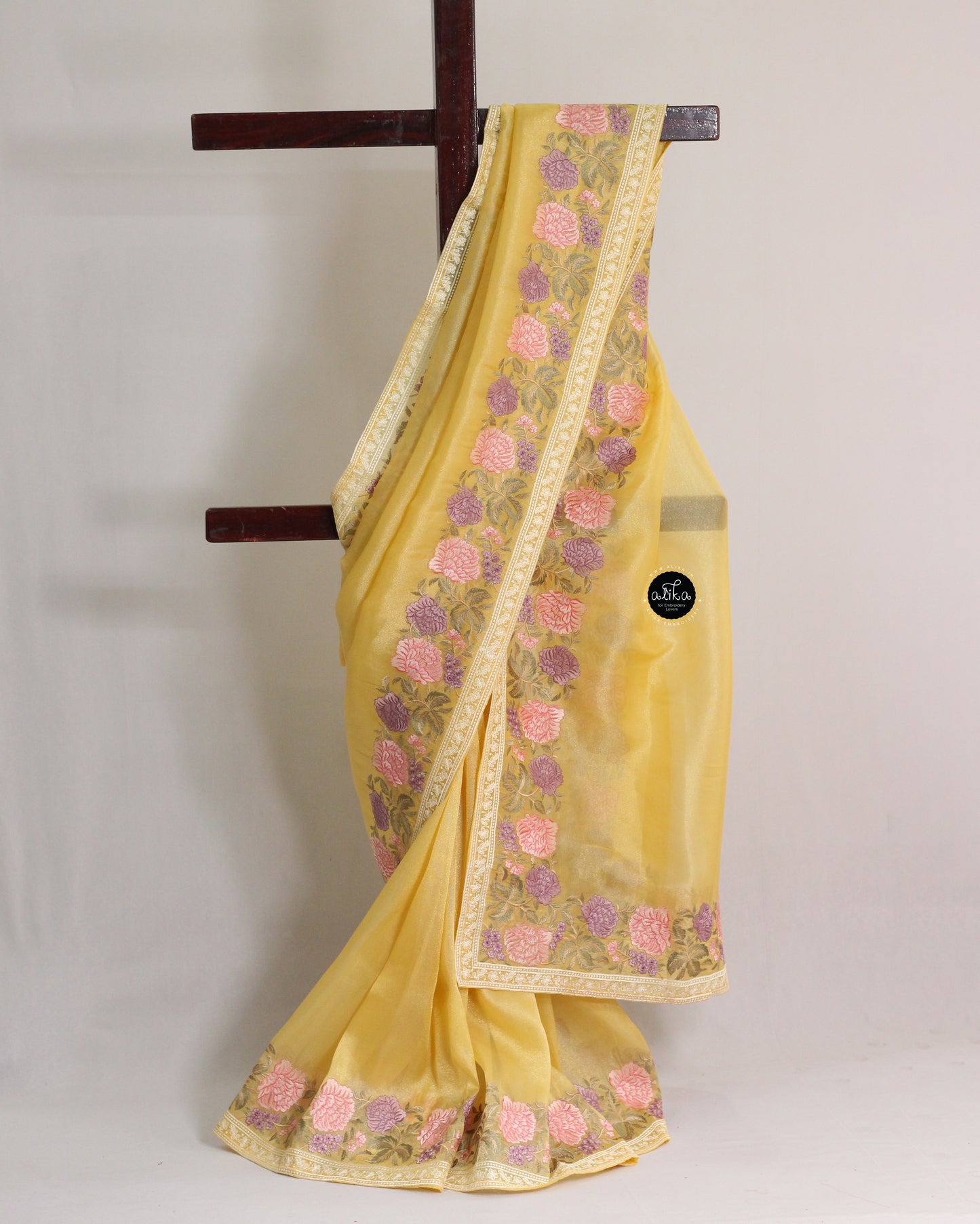 Yellow Semi Organza Saree with Floral Machine Embroidery