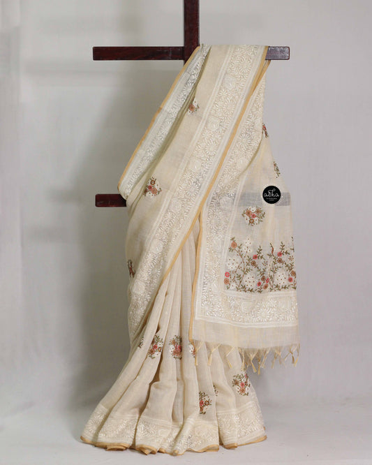 Light Beige Linen Tissue Saree with Peach Floral Machine Embroidery