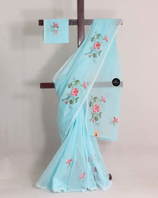 Sky Blue Kota Saree with Floral Machine Embroidery