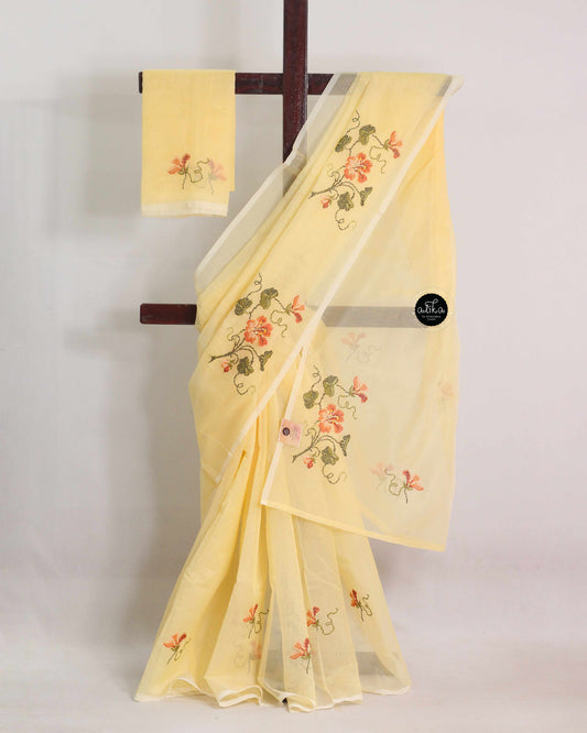 Mango Yellow Kota Saree with Floral Machine Embroidery