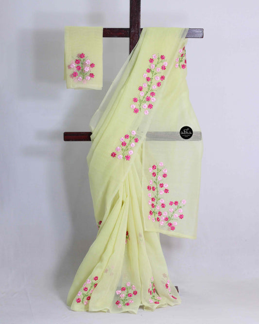 Pastel Yellow Kota Saree with Multicolour Floral Ribbon Embroidery and Bead Work