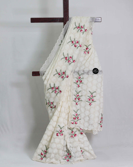 Cream Phulkari Saree with Floral Hand Embroidery And Bead Work
