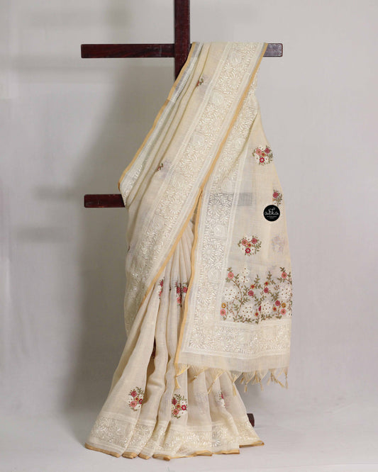 Light Beige Linen Tissue Saree With Red Floral Machine embroidery