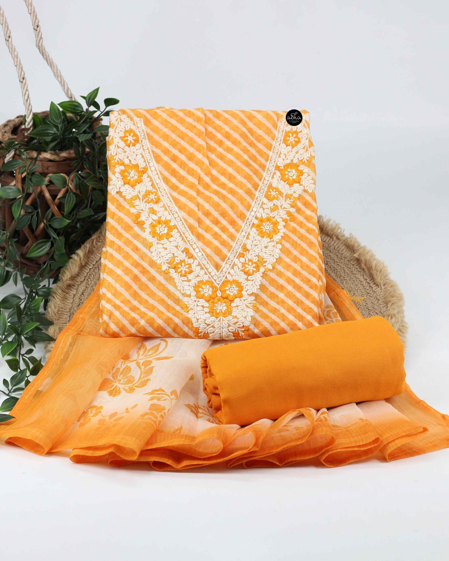 Bright Yellow Chanderi Unstitched Salwar Set with Floral Hand Embroidery & Prints