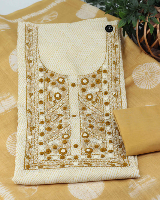 Off White Printed Chanderi Cotton Unstitched Salwar Set with Floral Hand Embroidery