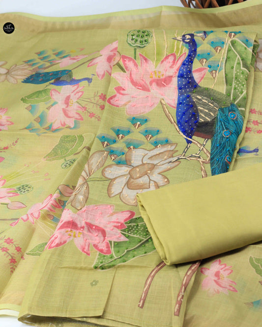 Light Green semi tissue Floral Printed unstitched Salwar Set with Mirror Work