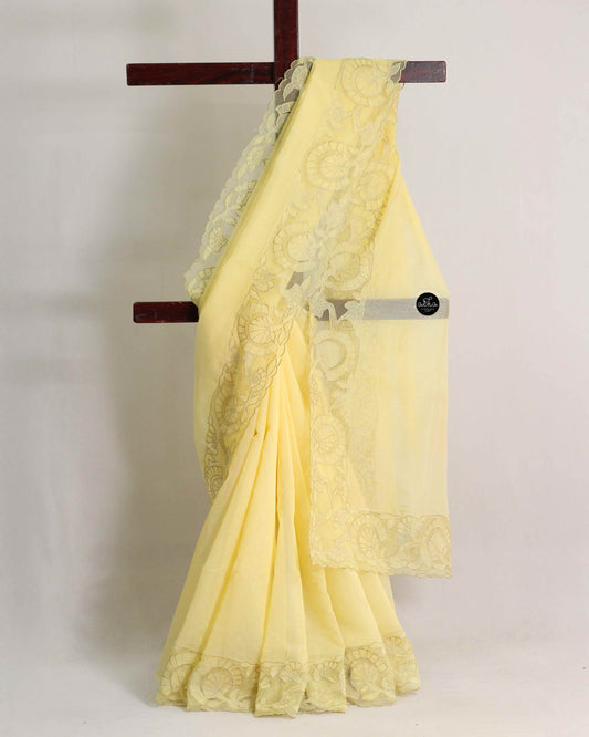 Pastel Yellow Kota Saree with Floral Appliqué Border – Elegant Lightweight Ethnic Wear