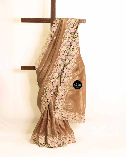 Deep Bronze Crushed Silk Saree with Floral Embroidery & Full Border Cutwork | Alika Fashion Store