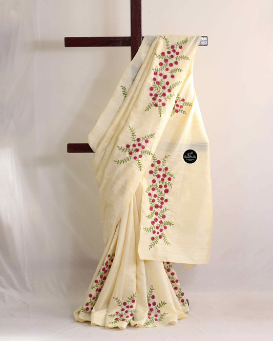 Cream Semi Silk Saree with Intricate Hand Embroidery – Elegant Ethnic Wear | Alika Fashion Store