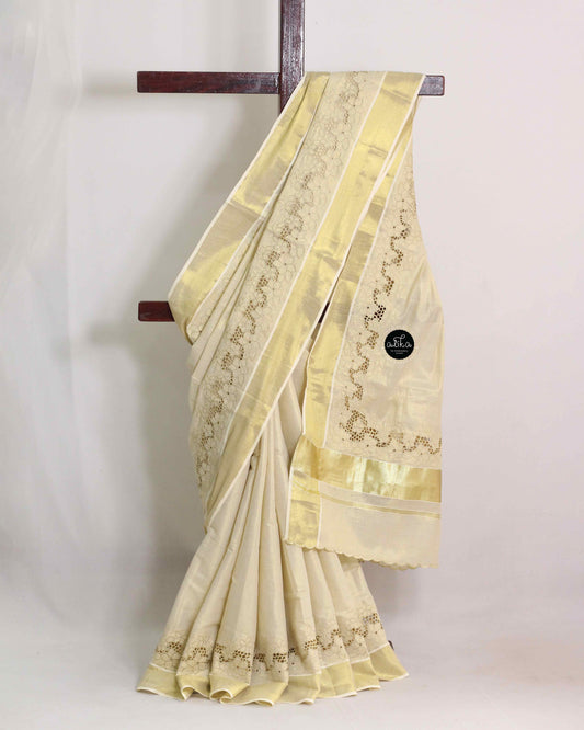 Kerala Pure Kasavu Saree with Full Border Cutwork & Floral Embroidery – Alika Fashion Store