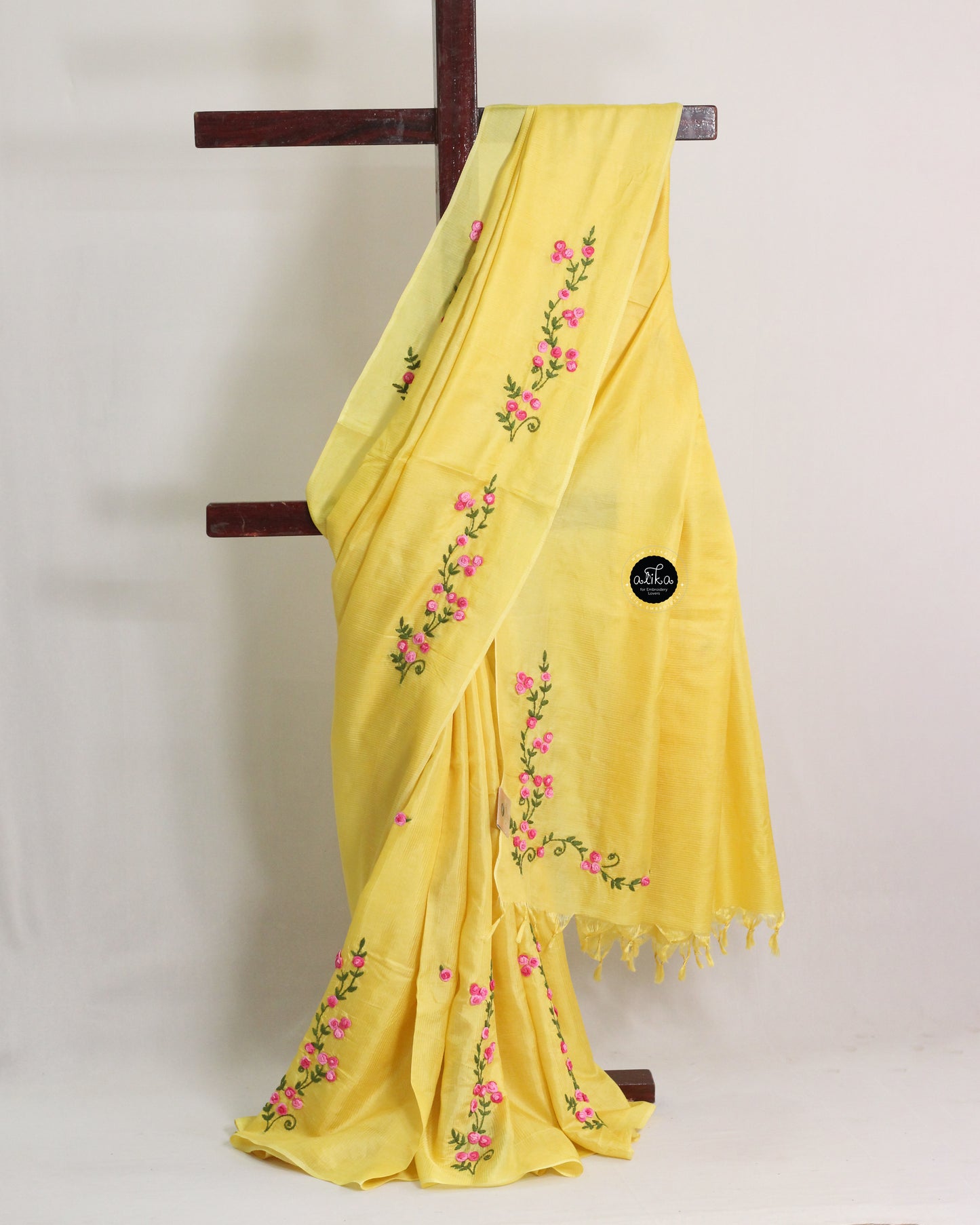 Mango Yellow Semi Tussar Silk Saree with Hand Embroidery