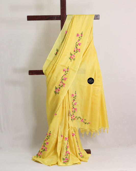 Mango Yellow Semi Tussar Silk Saree with Hand Embroidery