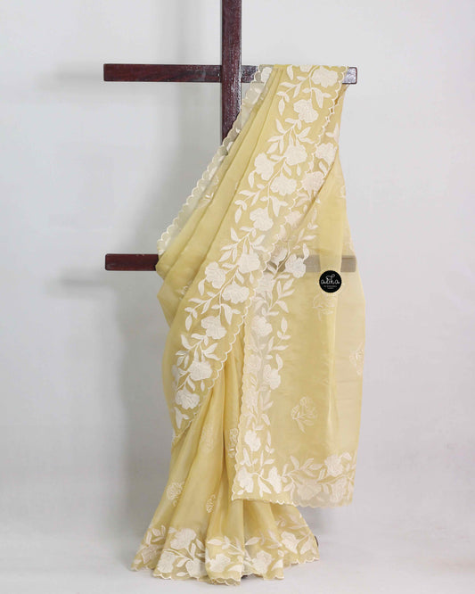 Pastel Yellow Organza Party Wear Saree with Appliqué Work & Cream Blouse Material – Alika Fashion Store