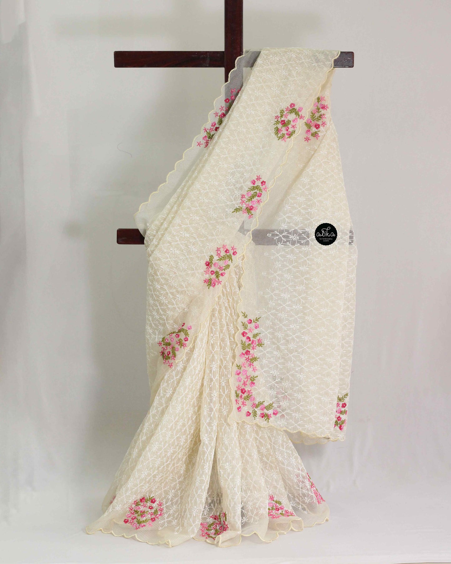 Cream Phulkari Saree with Floral Pink Hand Embroidery and Bead Work