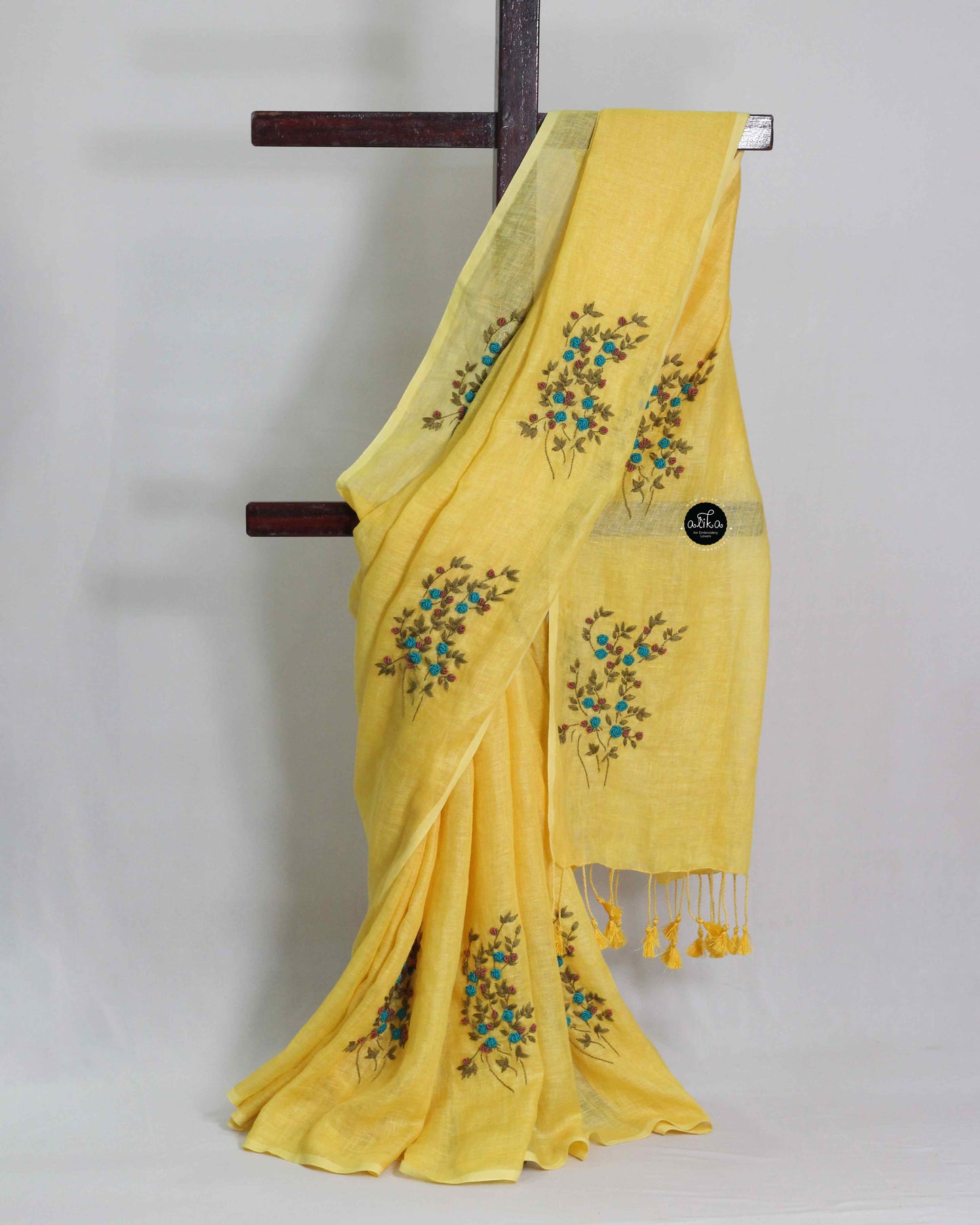 Yellow Pure Linen Saree with Floral Hand Embroidery