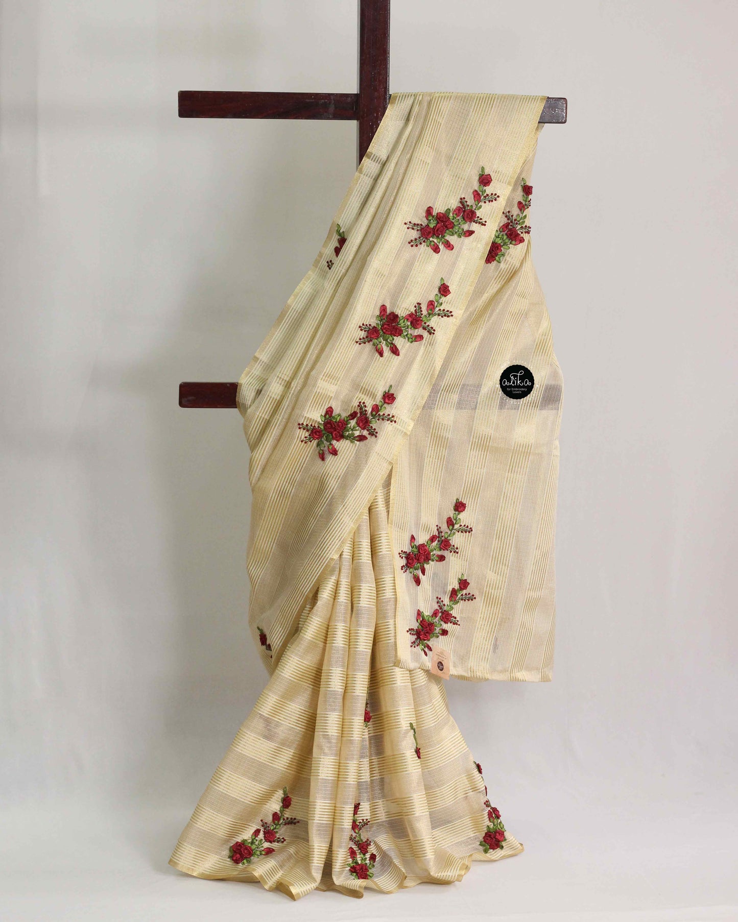 Semi Tissue Saree with Floral Ribbon Embroidery