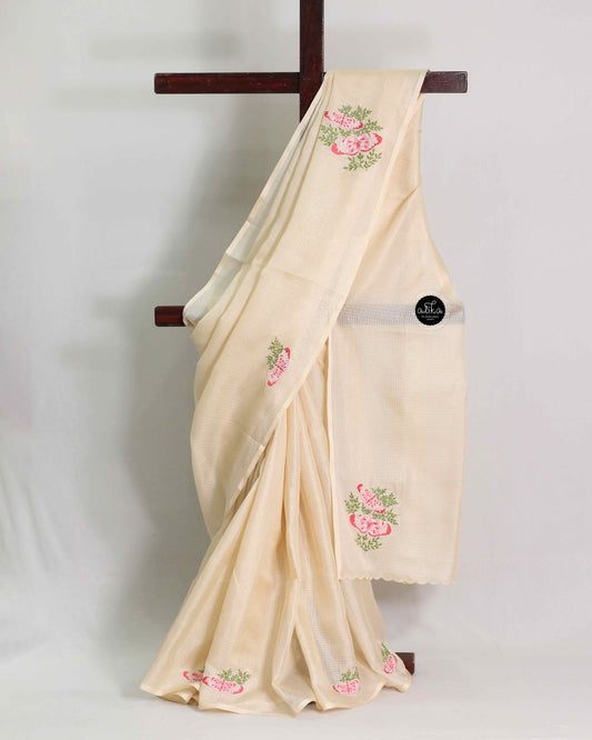 Beige Silky Kota Saree with Butterfly Machine Embroidery
