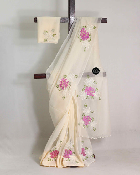 Cream Kota Saree with Floral Machine Embroidery & Elegant Cutwork – Alika Fashion Store
