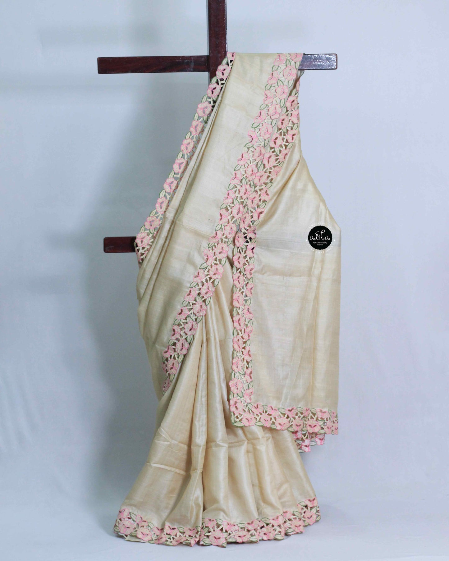 Beige Pure Tussar Silk Saree with Floral Cutwork Border