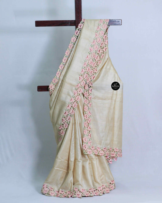 Beige Pure Tussar Silk Saree with Floral Cutwork Border