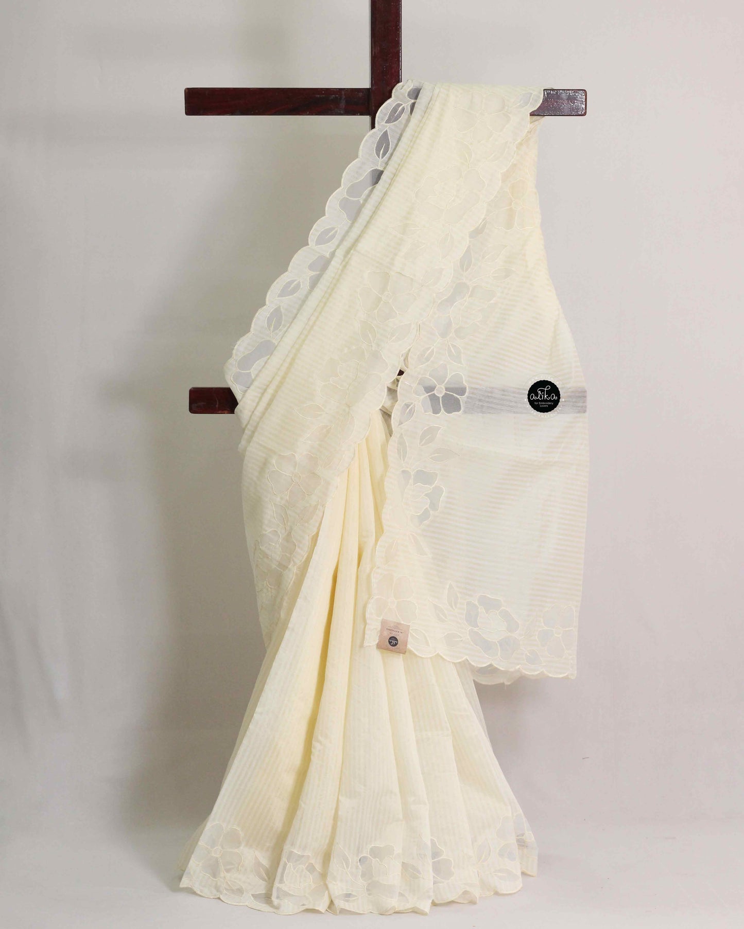 White Chanderi Saree with Yellow stripes Applique Border