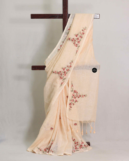 Light Beige Pure Linen Saree with Floral Hand Embroidery