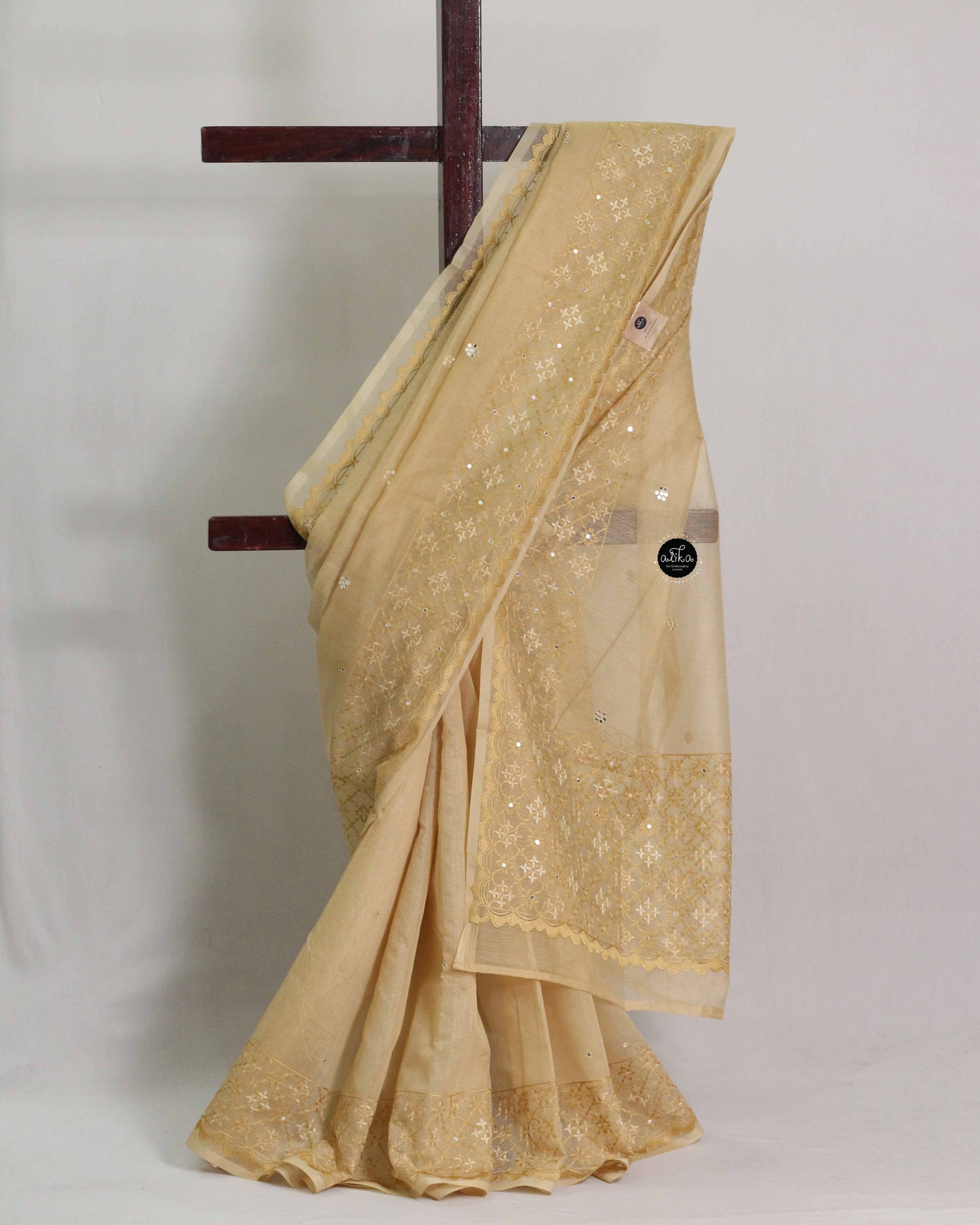 Santal Kota Saree with Floral Machine Embroidery And Mirror work