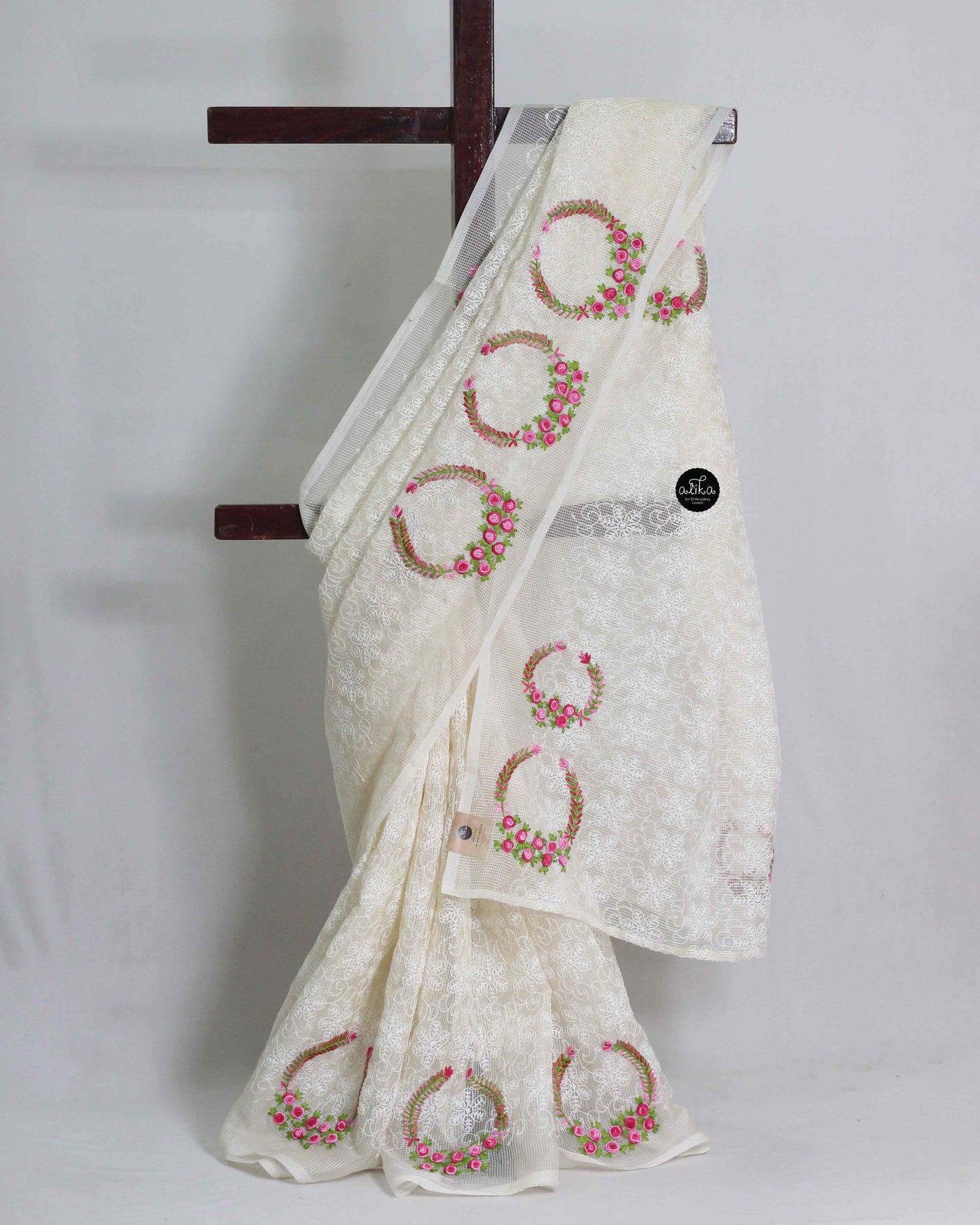 Cream Phulkari Saree with Floral Hand Embroidery