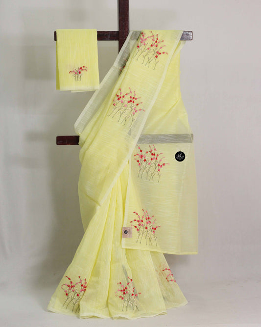 Pastel Yellow Kota Saree with Hand Embroidery