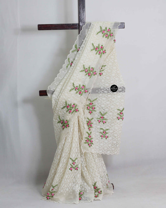 Cream Phulkari Saree with Floral Hand Embroidery – Traditional Elegance by Alika Fashion Store