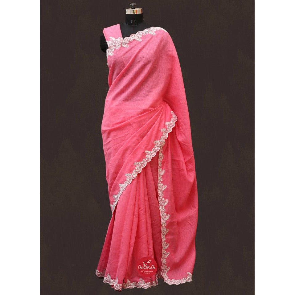 Pink Semi Raw Silk Saree with Full Border White Net Embroidered