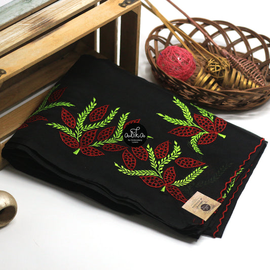 Black Kota Saree with Red Floral Cutwork and Embroidery