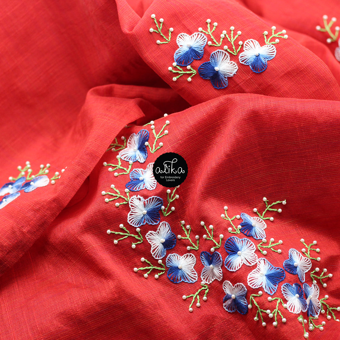 Red chanderi silk saree with hand embroidery and bead embellishments