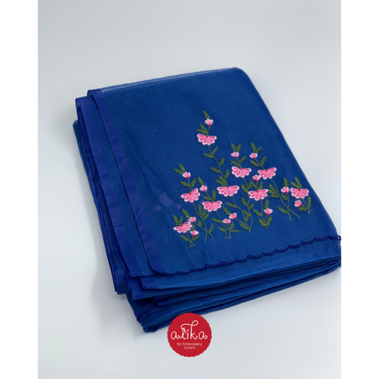 Blue Kota Saree with Pink Floral Embroidery