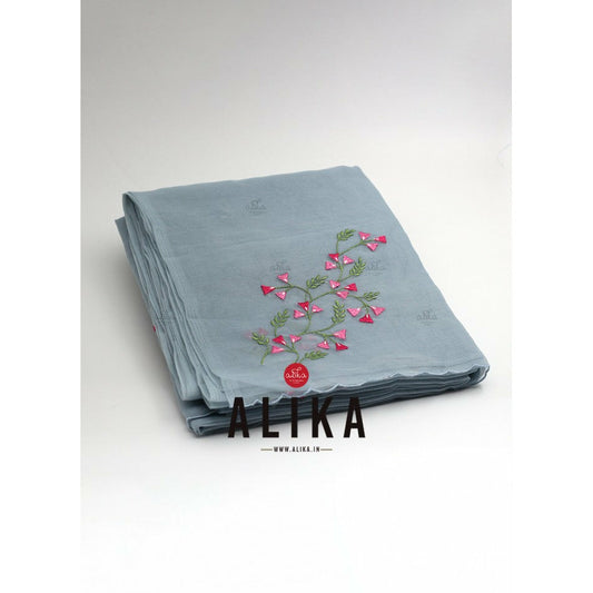 Grey Shade Kota Saree with Pink Shade Floral Sprig Embroidery