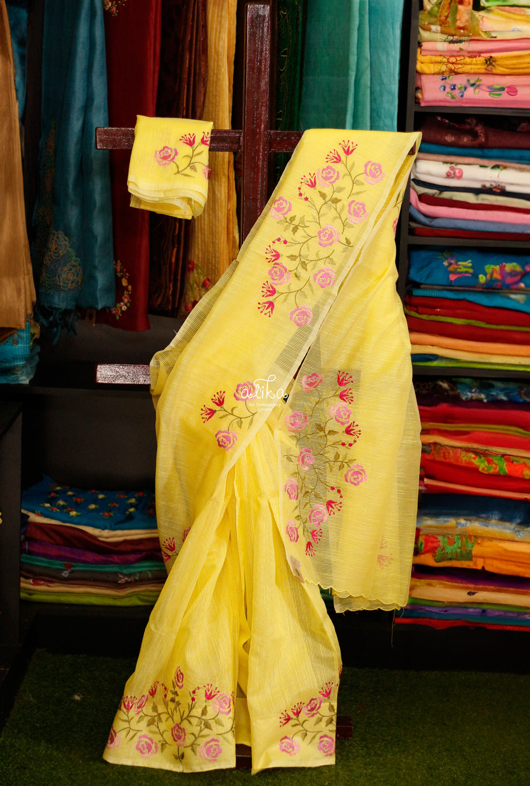 YELLOW STRIPED KOTA SAREE WITH FLORAL MACHINE EMBROIDERY