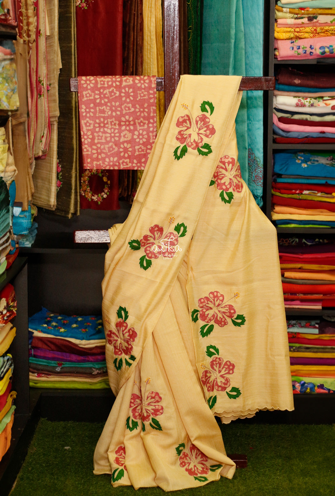 beige semisilk  saree with  floral applique embroidery