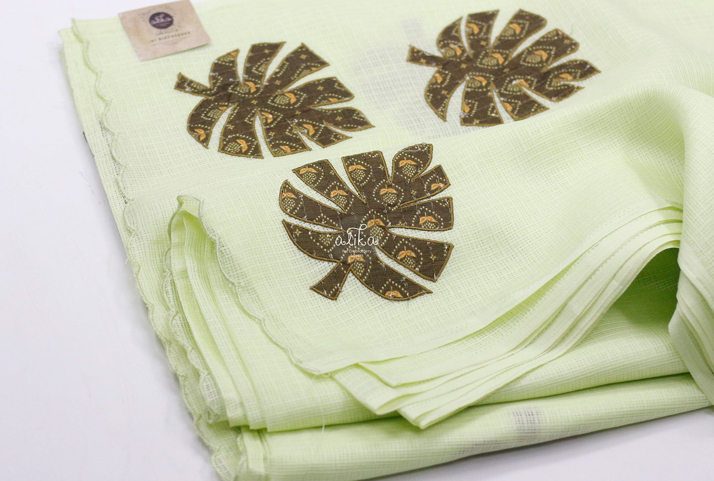 PASTEL GREEN CHECK KOTA SAREE WITH APPLIQUE EMBROIDERY