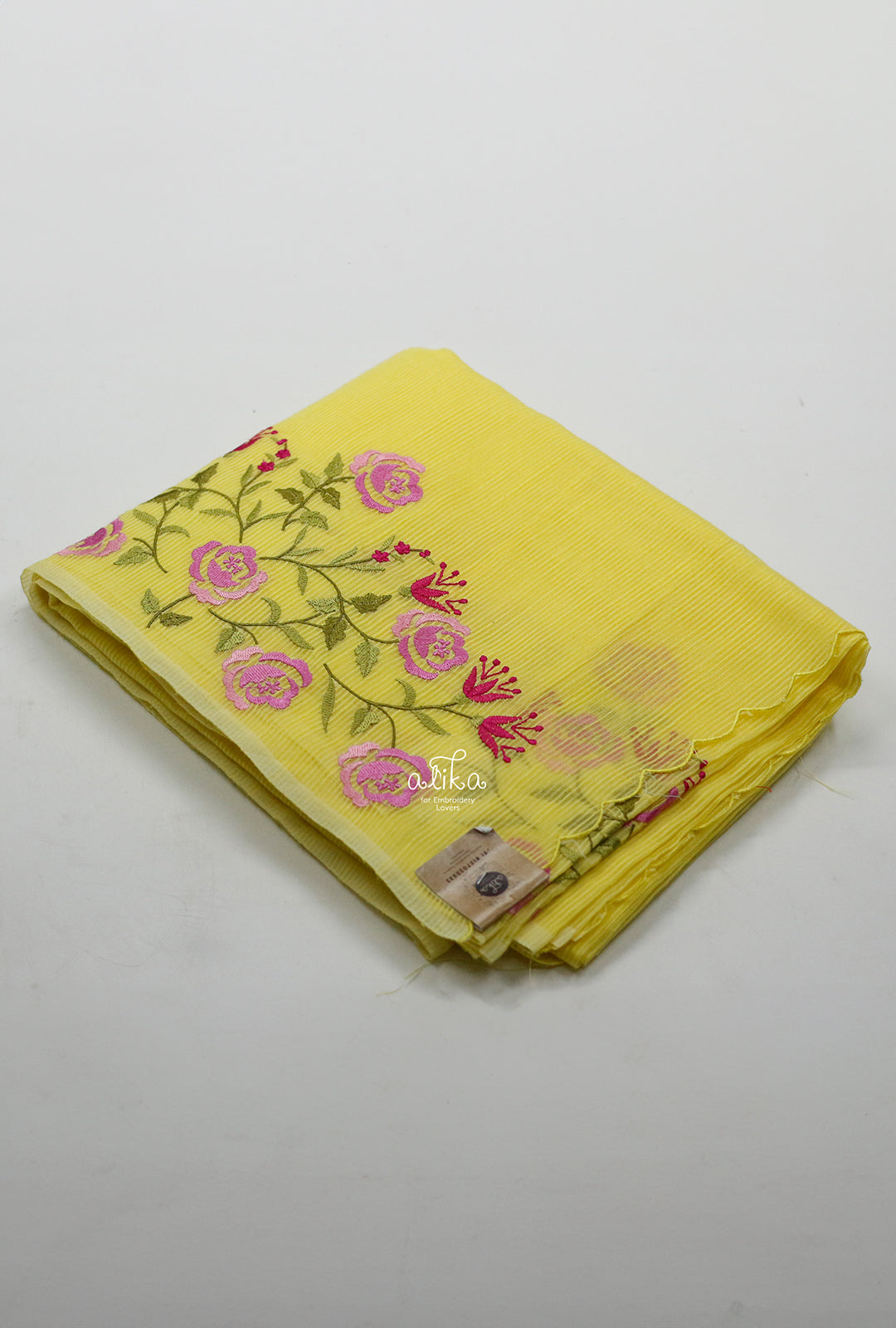 YELLOW STRIPED KOTA SAREE WITH FLORAL MACHINE EMBROIDERY