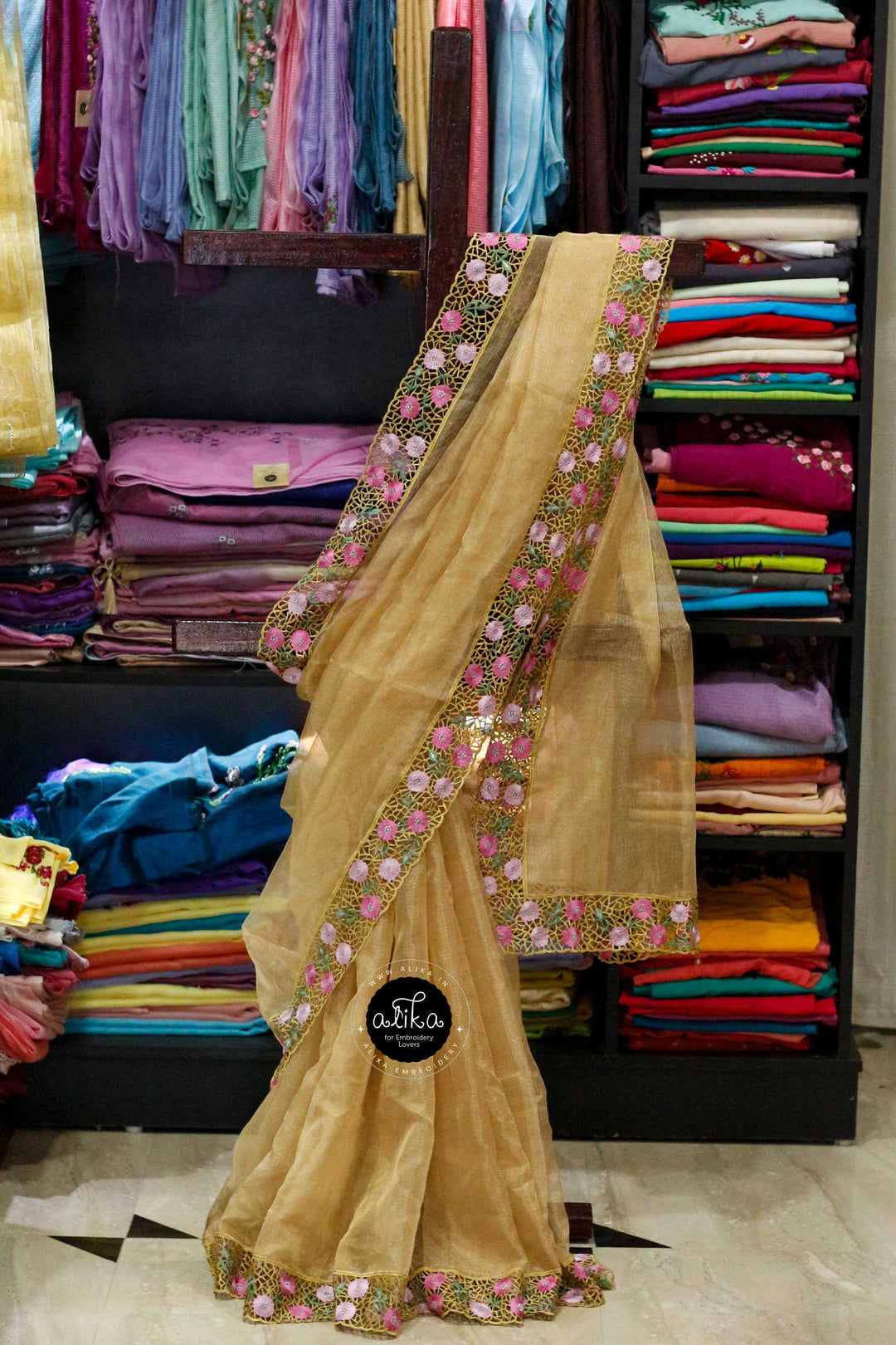 Golden Tissue Saree with Full Border Cutwork