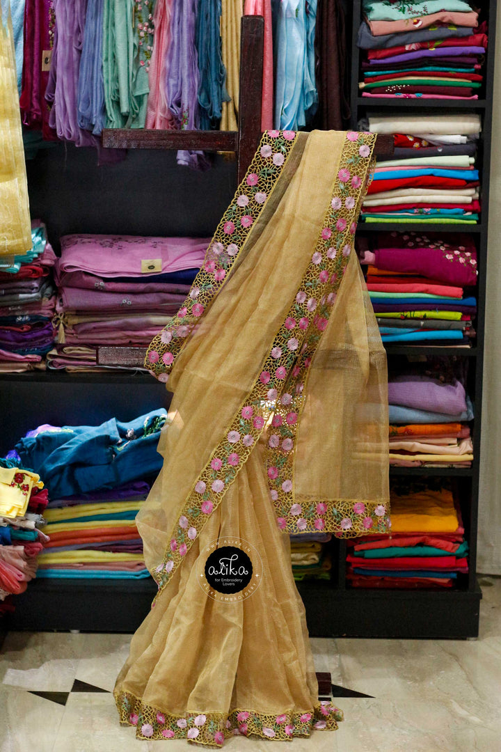 Golden Tissue Saree with Full Border Cutwork
